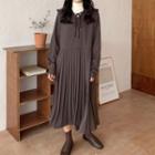 Frilled-collar Tie-neck Long Pleated Dress Brown - One Size