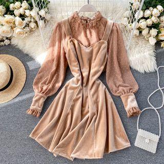 Set: Lantern-sleeve Chiffon Blouse + Velvet Pinafore Dress