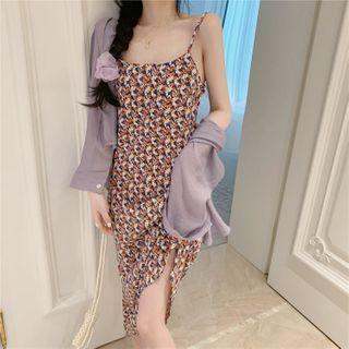 Floral Print Spaghetti-strap Slit Midi A-line Dress / Plain Shirt
