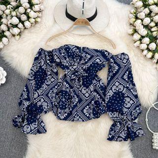Off Shoulder Drawstring Paisley Crop Blouse