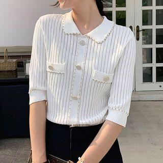 Elbow-sleeve Pointelle Polo Knit Top