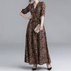 Leopard Print Elbow-sleeve Maxi A-line Dress