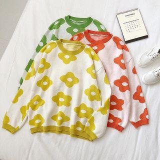 Flower Print Long-sleeve Knit Top