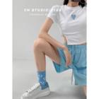 Drawstring-side Heart-embroidered Crop T-shirt