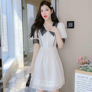Puff-sleeve Collar Lace Trim A-line Dress