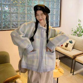 Collared Plaid Cardigan Plaid - Light Blue - One Size