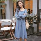 Long-sleeve Tie-waist Mid A-line Knit Dress
