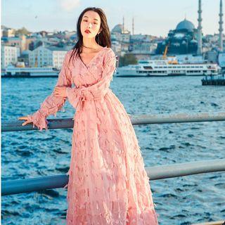 Long-sleeve Lace Accent V-neck Maxi A-line Dress