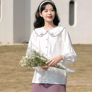 Collared Cherry Embroidered Blouse White - One Size