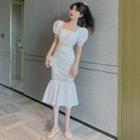 Puff-sleeve Slim-fit Asymmetric Maxi Dress