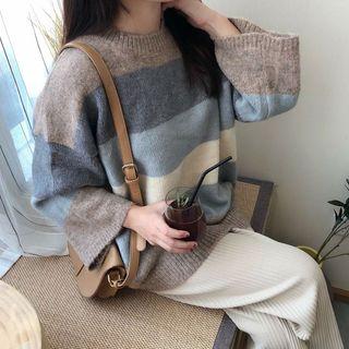 Stripe Sweater/ Ribbed Wide-leg Pants