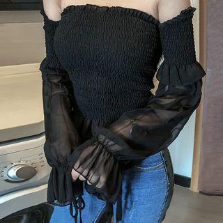 Cold Shoulder Long-sleeve Smocked Top Black - One Size