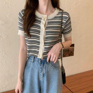 Short-sleeve Contrast Trim Striped Knit Top Almond & Black - One Size