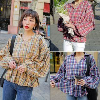 Balloon-sleeve Plaid Peplum Top