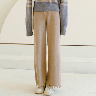 Fray-hem Wide-leg Pants Khaki - One Size