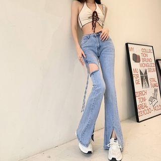 Cut-out Slit High Waist Bootcut Jeans