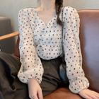Puff-sleeve Dotted Blouse Black Dots - White - One Size