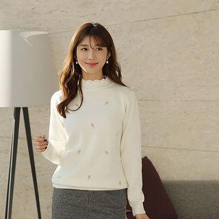 Crochet-trim Foliage-embroidered Sweater