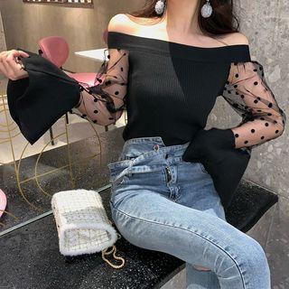 Off-shoulder Dotted Mesh Panel Knit Top