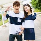 Couple Matching Long-sleeve Color Block T-shirt / Long-sleeve Color Block T-shirt Dress