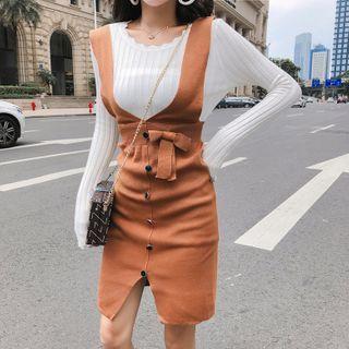 Set: Long-sleeve Knit Top + Sheath Pinafore Dress