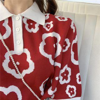 Floral Short-sleeve Knit Top / Pleated Skirt