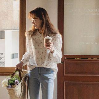 Asymmetric-collar Floral Blouse