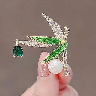 Rhinestone Bamboo Brooch Ly2230 - White & Green - One Size