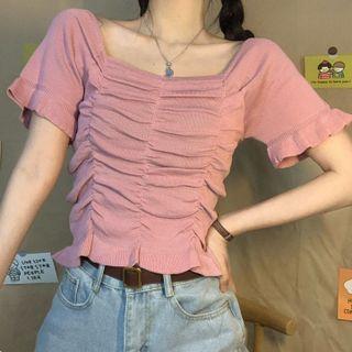 Square-neck Ruched Short-sleeve Top