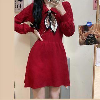 Long-sleeve Knit Mini A-line Dress With Bow - Red - One Size