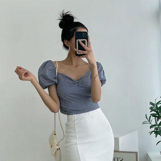 Shirred Gingham Crop Top Navy Blue - One Size