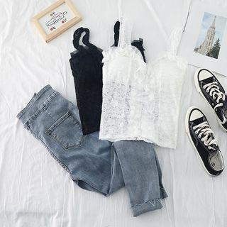Sleeveless Ruffled Trim Lace Zip Top