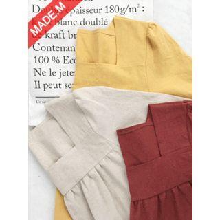 Square-neck Elbow-sleeve Linen Blend Top