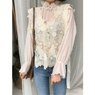 Frilled Stand-collar Sheer Blouse
