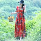 Short-sleeve Floral Square Neck A-line Maxi Dress