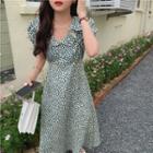 Puff-sleeve Floral Midi A-line Dress Green Floral - White - One Size