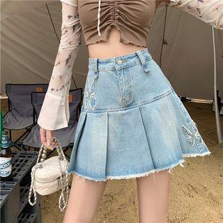 High-waist Butterfly Embroidered Denim Mini Skirt