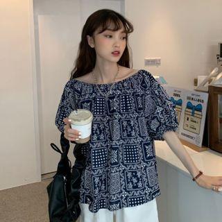 3/4-sleeve Printed Blouse As Shown In Figure - One Size