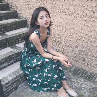 Square Neck Sleeveless Print A-line Dress