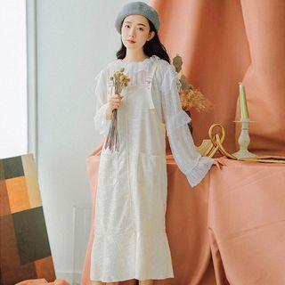 Embroidered Ruffle Hem Midi Pinafore Dress