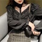 Ruffle-trim Lace Panel Shirt / Plaid Mini A-line Skirt