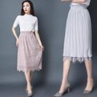 Pleated Lace Panel Midi Skirt
