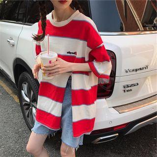 Striped Side-slit Elbow-sleeve T-shirt