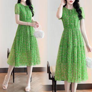 Short-sleeve Floral Sheer A-line Dress