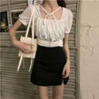Puff-sleeve Shirred Blouse / A-line Skirt
