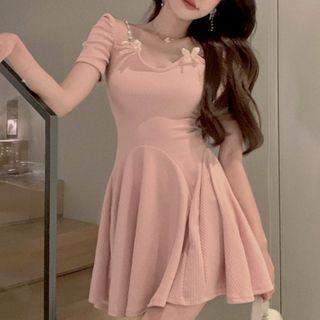 Short-sleeve Ribbon Knit Mini A-line Dress