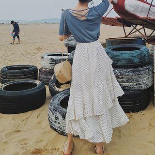 Cross Strap Short-sleeve T-shirt / Dotted Midi Tiered Skirt / Set