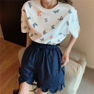 Short-sleeve Butterfly Print T-shirt / High-waist Shorts