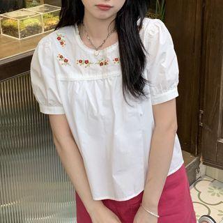 Puff-sleeve Flower Embroidered Blouse Flower Embroidery - White - One Size