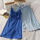 Set: Twisted Sleeveless Midi Dress + Slit-back Loose Shirt
